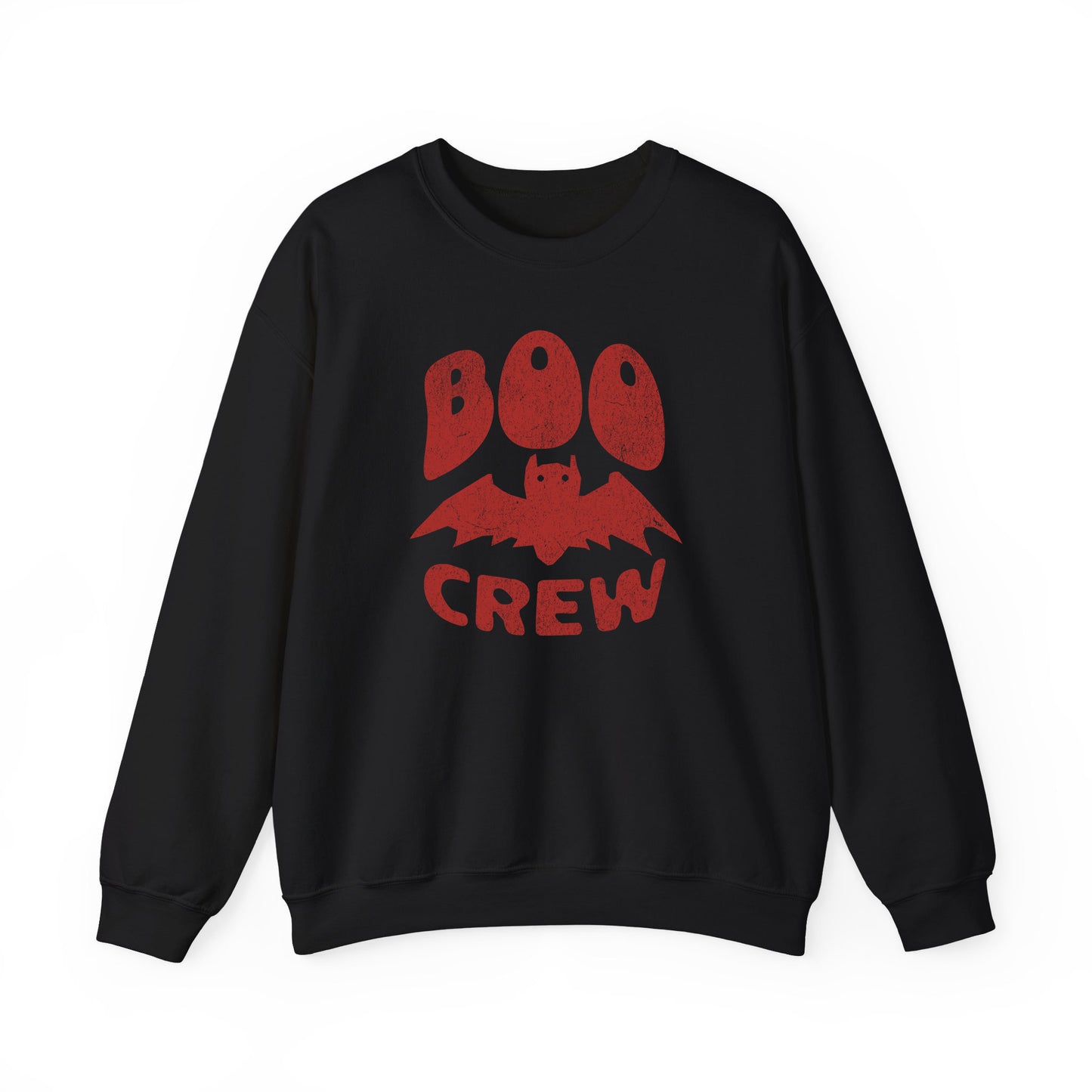 Black Boo Crew Halloween sweatshirt with cute bat illustration – cozy unisex fall pullover by BimBangDesign