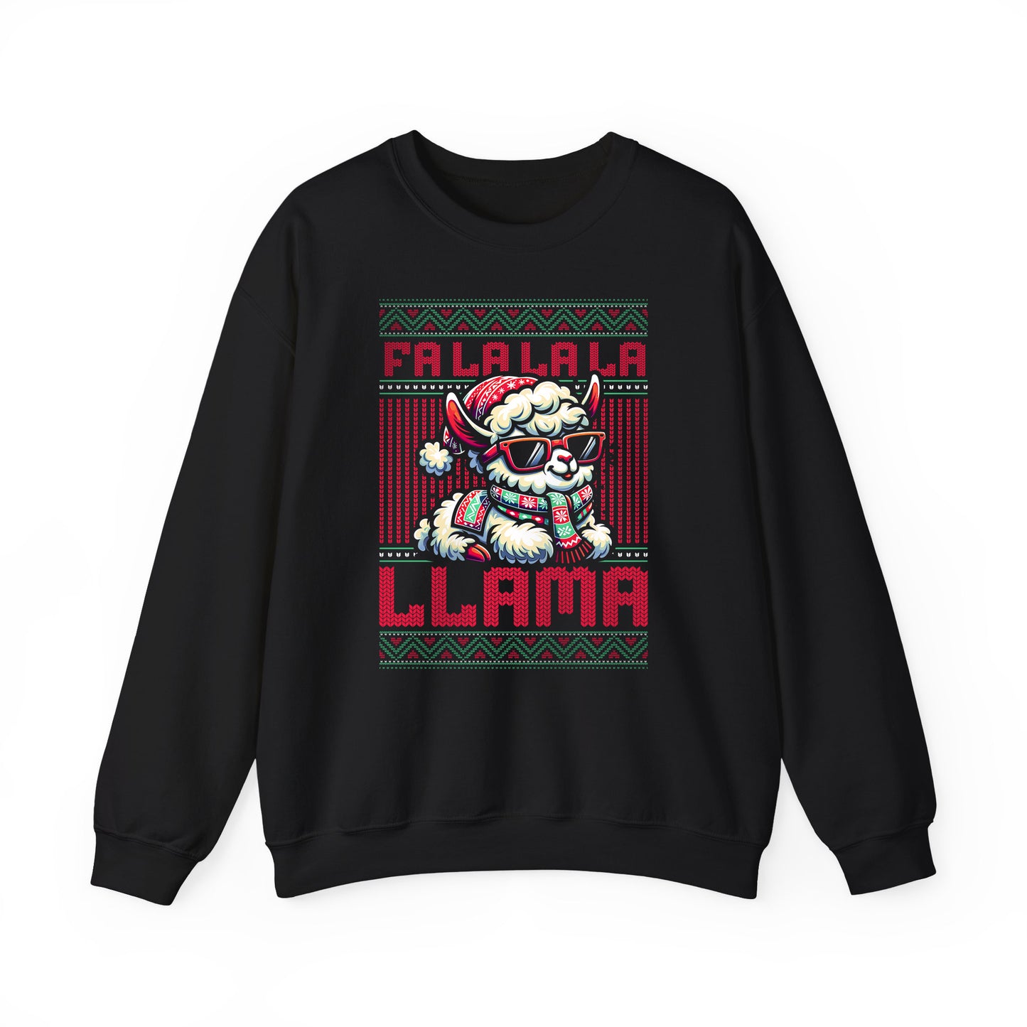 Black Cozy Christmas sweatshirt with humorous Fa La La La Llama holiday graphic. BimBangDesign
