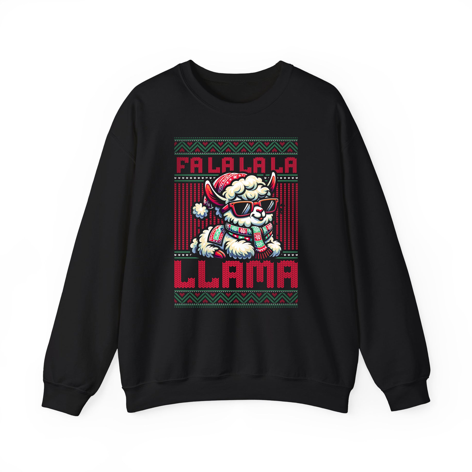 Black Cozy Christmas sweatshirt with humorous Fa La La La Llama holiday graphic. BimBangDesign