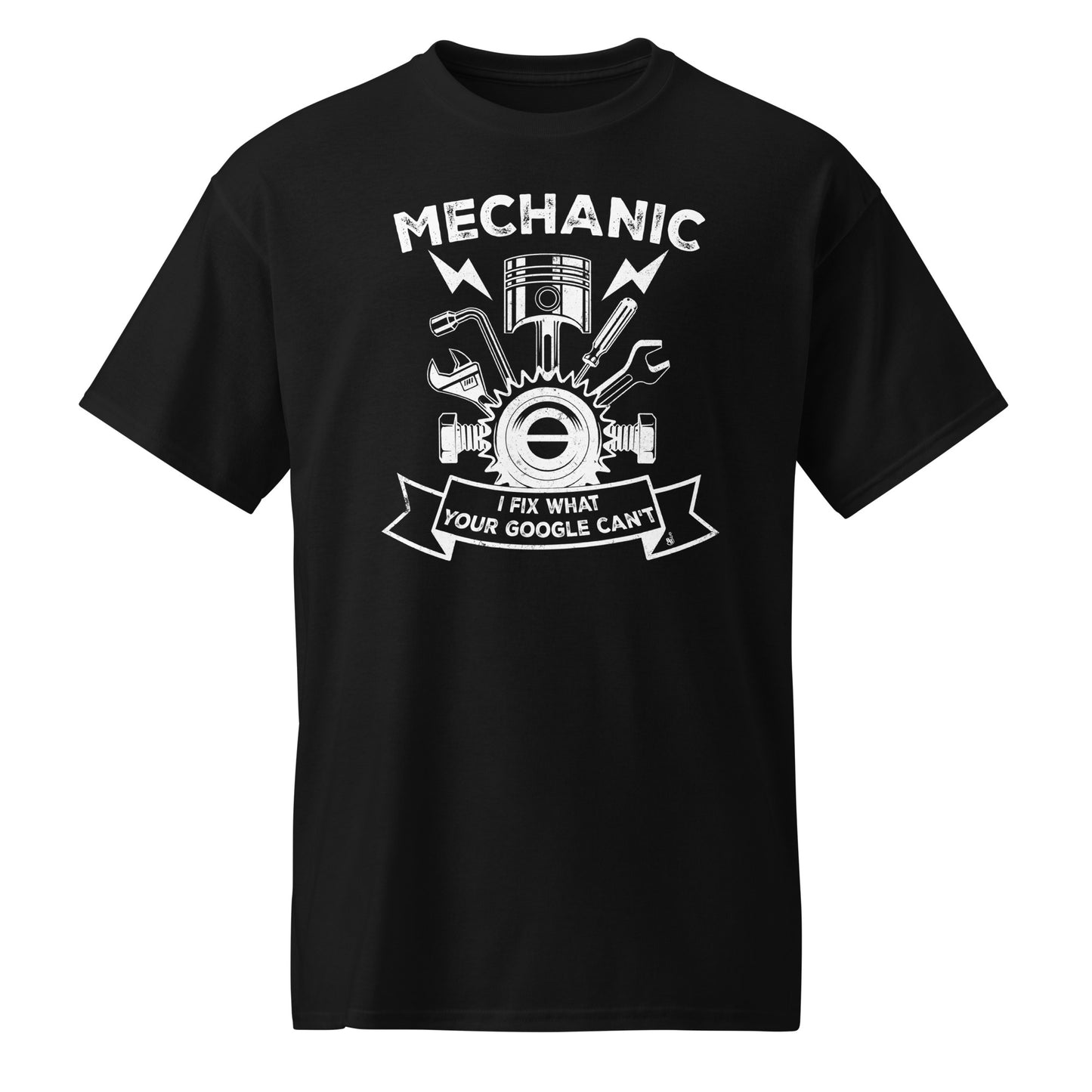 Funny Black mechanic t-shirt with slogan I Fix What Google Can't BimBangDesign