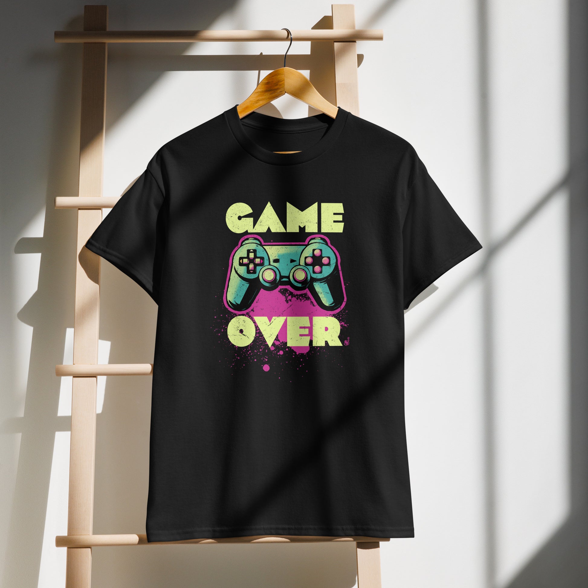 Black Game Over t-shirt on demo with retro neon colors art for gamers BimBangDesign