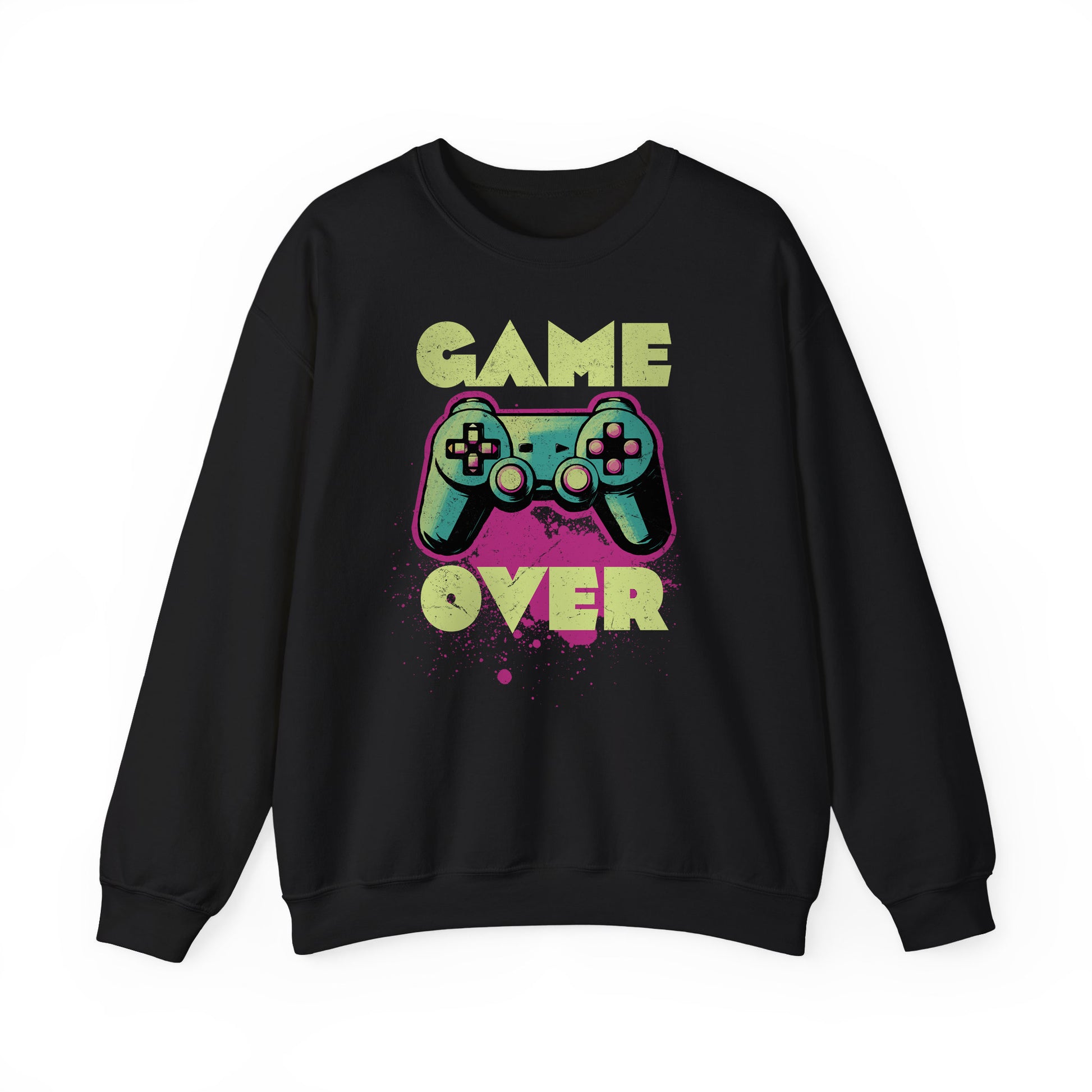 Black Game Over sweatshirt retro neon colors art for gamers BimBangDesign
