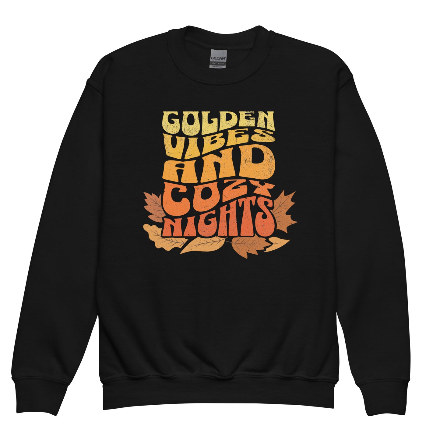 Black Kids sweatshirt with colorful “Golden Vibes and Cozy Nights” text and autumn leaves illustration. Cozy fall crewneck for children. BimBangDesign