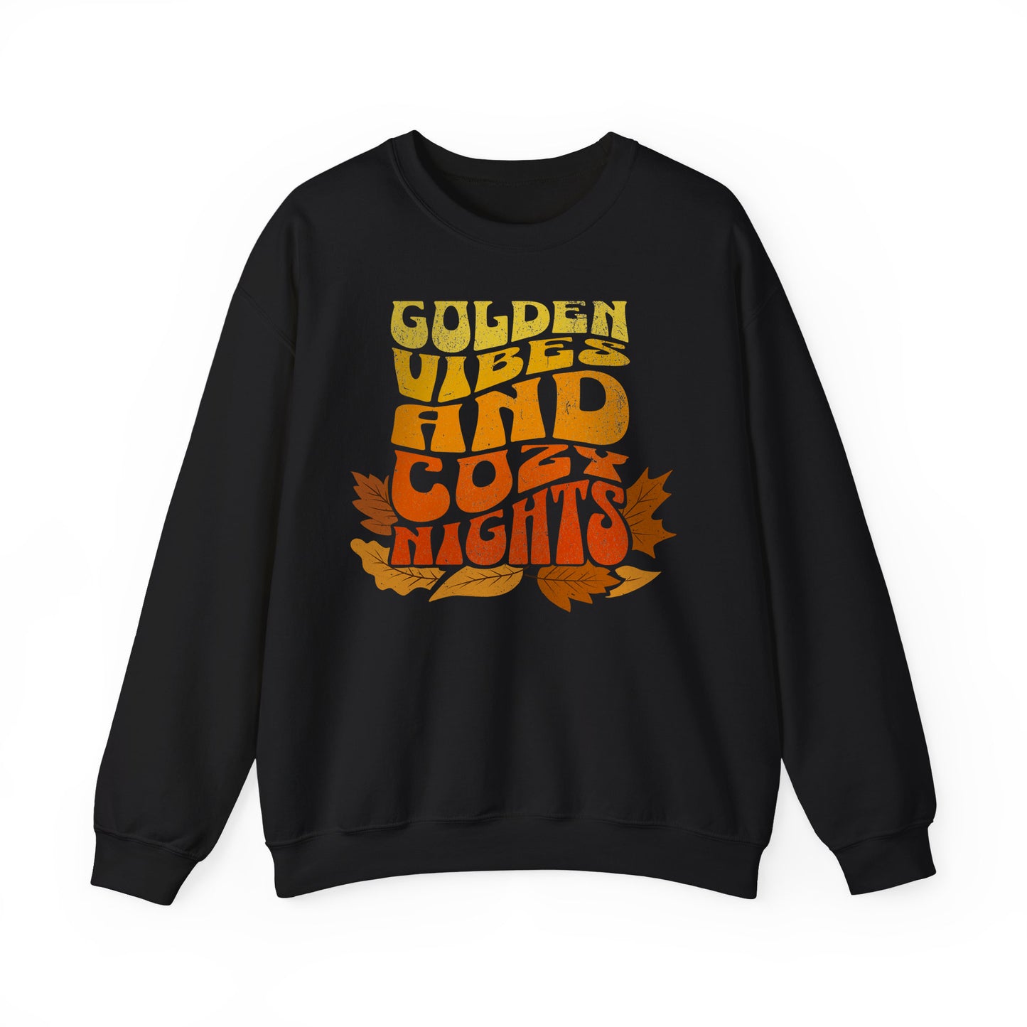 Black sweatshirt with “Golden Vibes and Cozy Nights” text in yellow-to-orange gradient and autumn leafs BimBangDesign