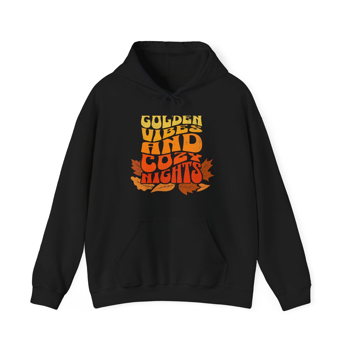 Comfy black hoodie with “Golden Vibes and Cozy Nights” text in yellow-to-orange gradient and autumn leafs BimBangDesign