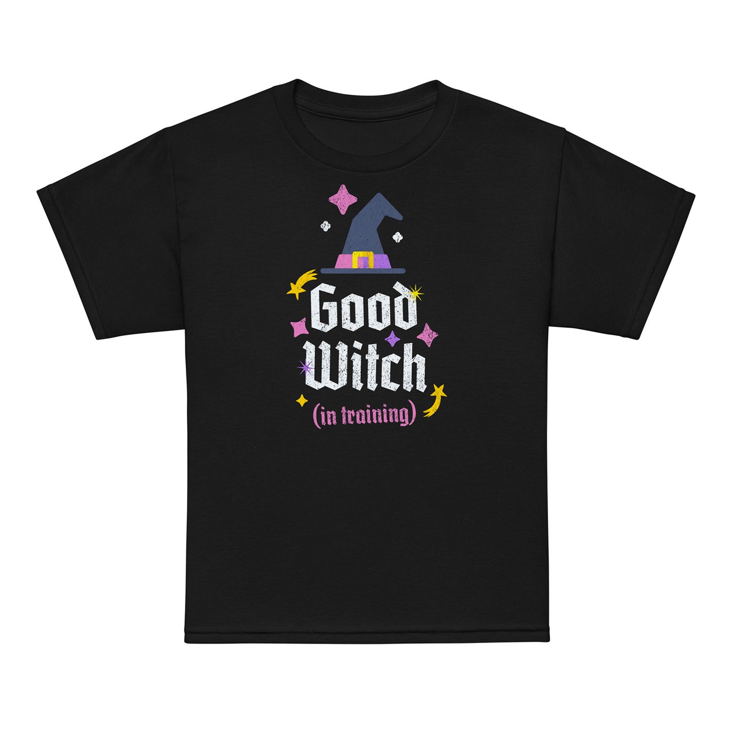 Black Good Witch In Training kids t-shirt — pink and yellow stars design