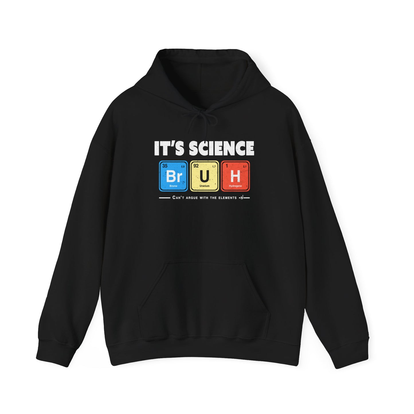 Black Geeky and funny chemistry hoodie with bold white lettering and periodic table squares. BimBangDesign