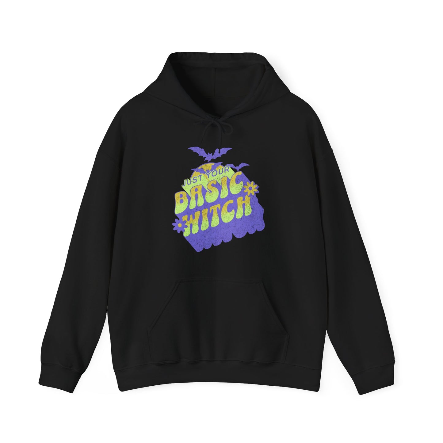 Black Unisex “Just Your Basic Witch” Halloween hoodie with witchy print — cozy fall fashion with playful attitude. BimBangDesign
