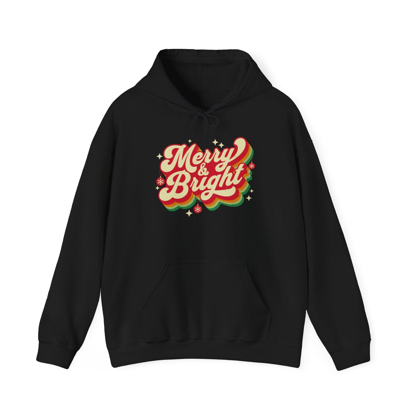 Black Cozy Unisex Christmas hoodie with warm fleece and festive “Merry & Bright” print BimBangDesign