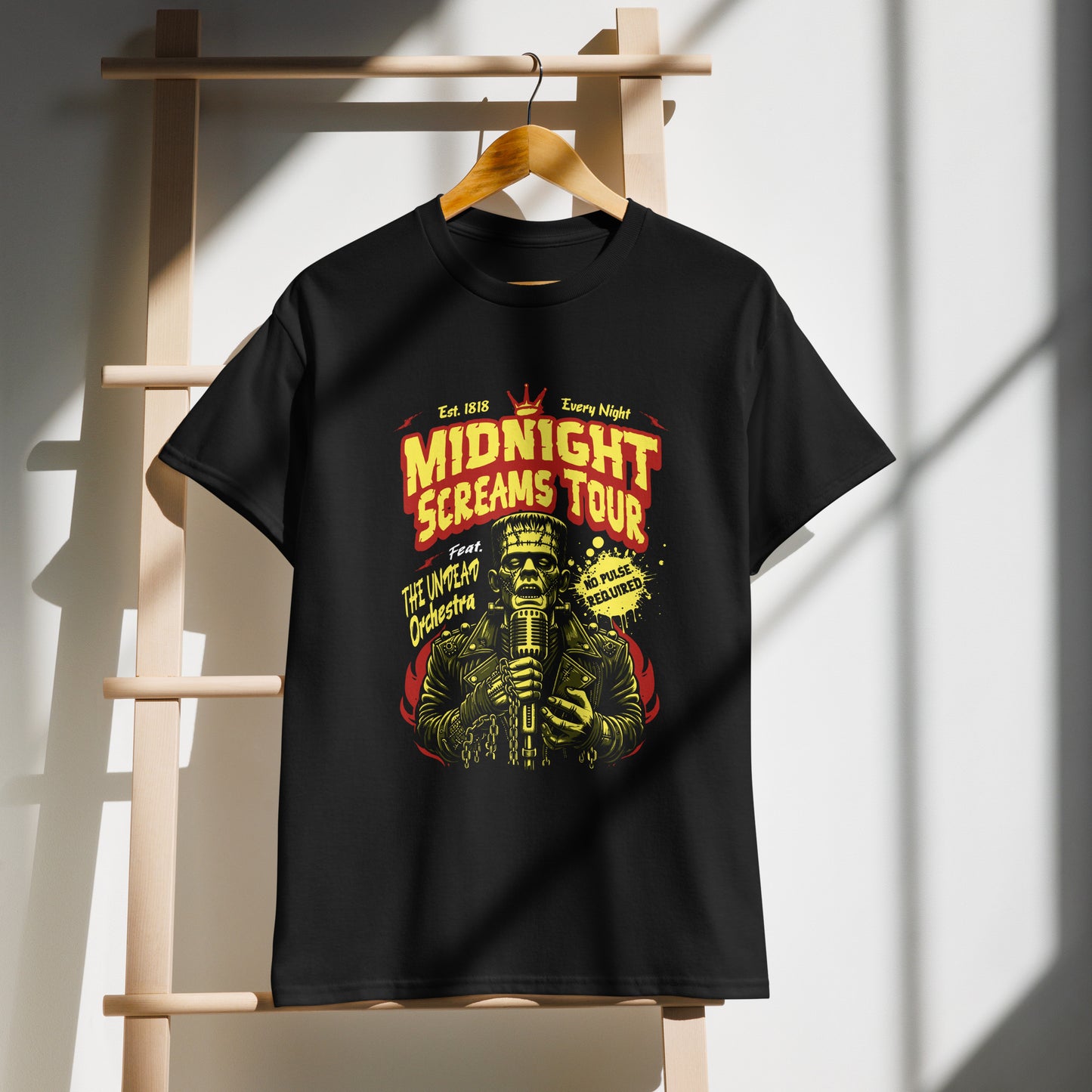 Black Midnight Screams Tour t-shirt – Frankenstein concert poster design on demo – BimBangDesign