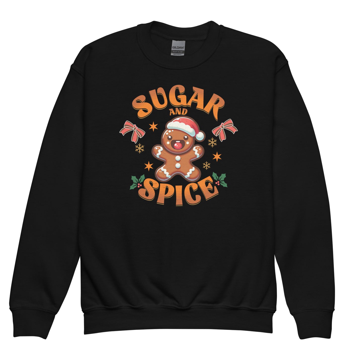 Black Kids Sugar & Spice Cozy Christmas vibes Gingerbread sweatshirt – front view BimBangDesign