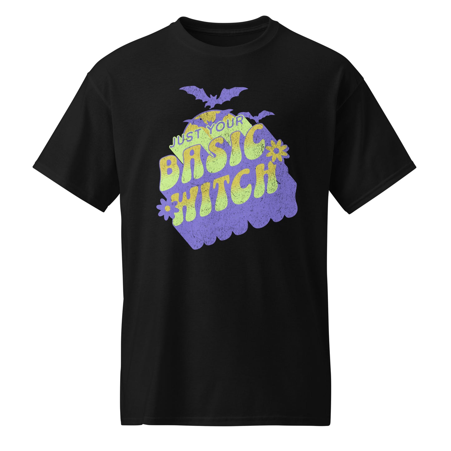 Black Unisex t-shirt with “Just Your Basic Witch” print – fun Halloween tee featuring retro witchy vibes, perfect for casual spooky style. BimBangDesign