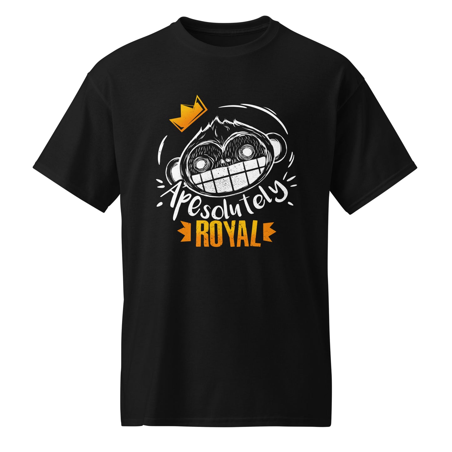 Black ApeSolutely Royal T-shirt with crowned monkey head, cartoon and sketchy style
