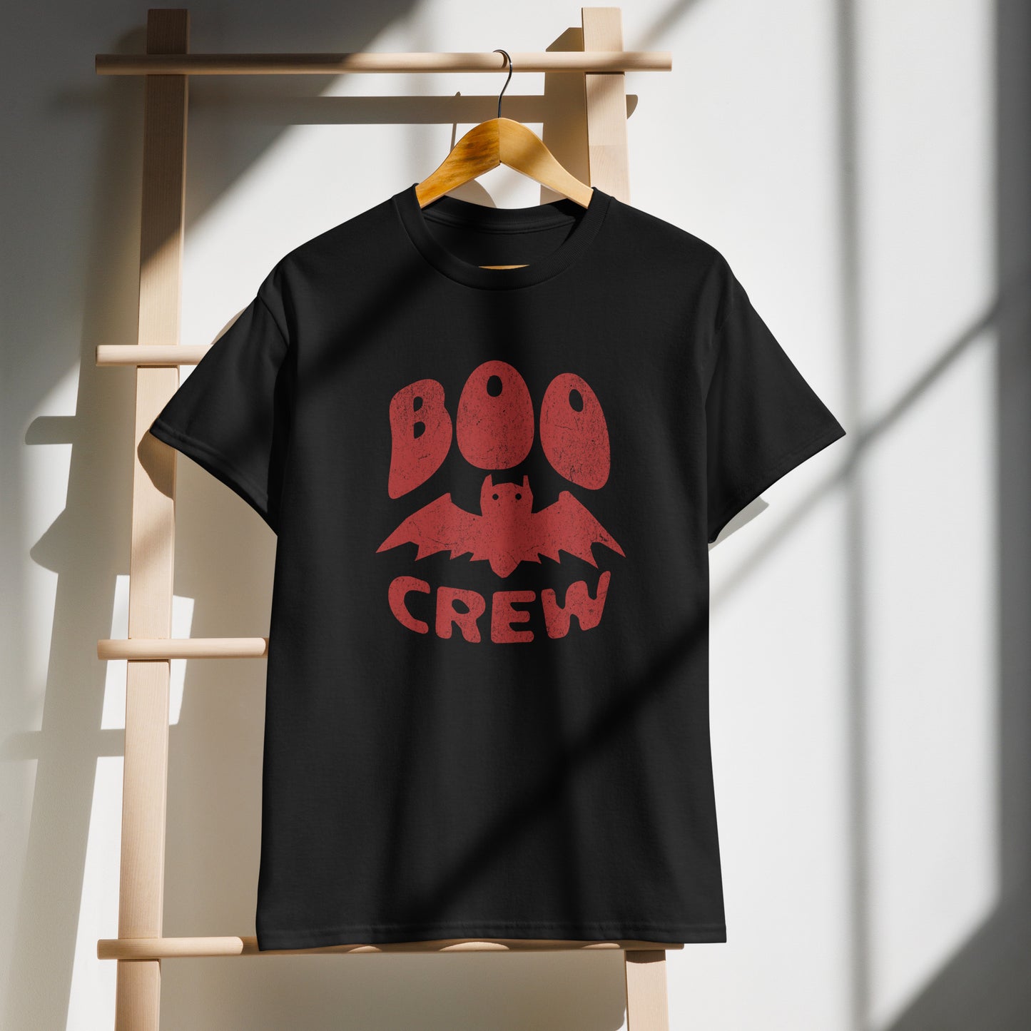 Black Boo Crew t-shirt for halloween and minimalist vampire bat fans on demo BimBangDesign