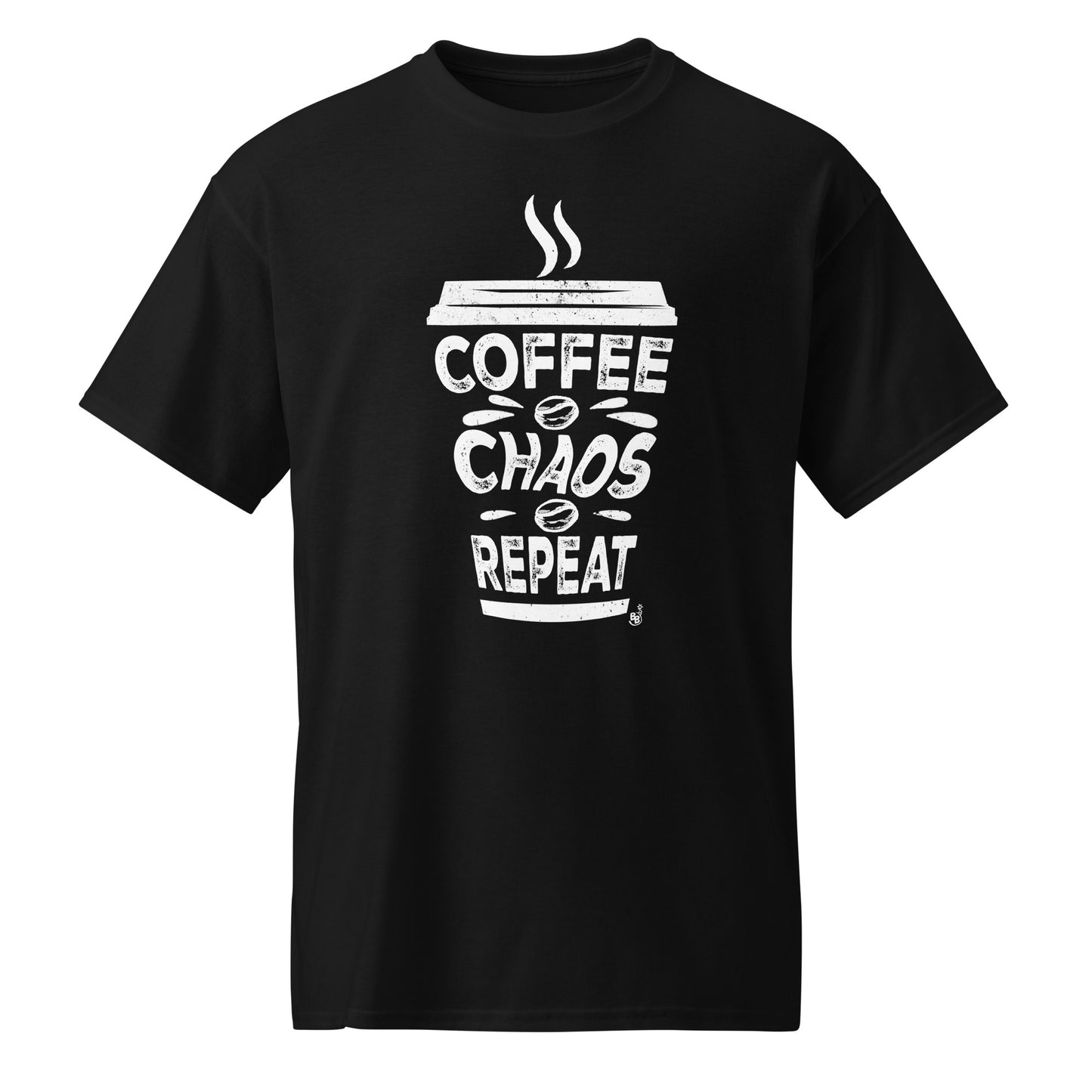 Black Coffee Chaos Repeat text t-shirt for all coffee lover on the go BimBangDesign