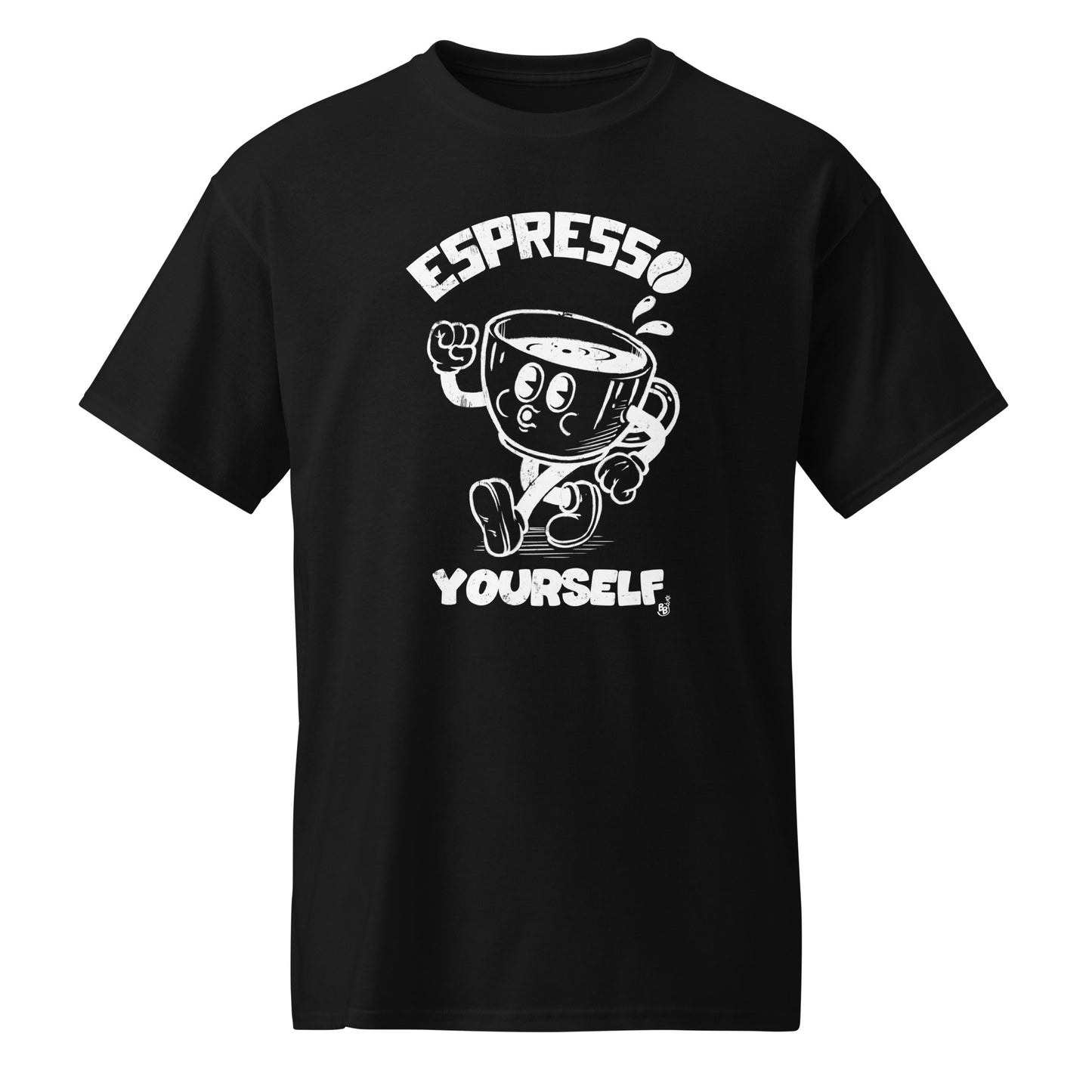 Cartoon Espresso Yourself Black t-shirt with a funny coffee cup illustration BimBangDesign