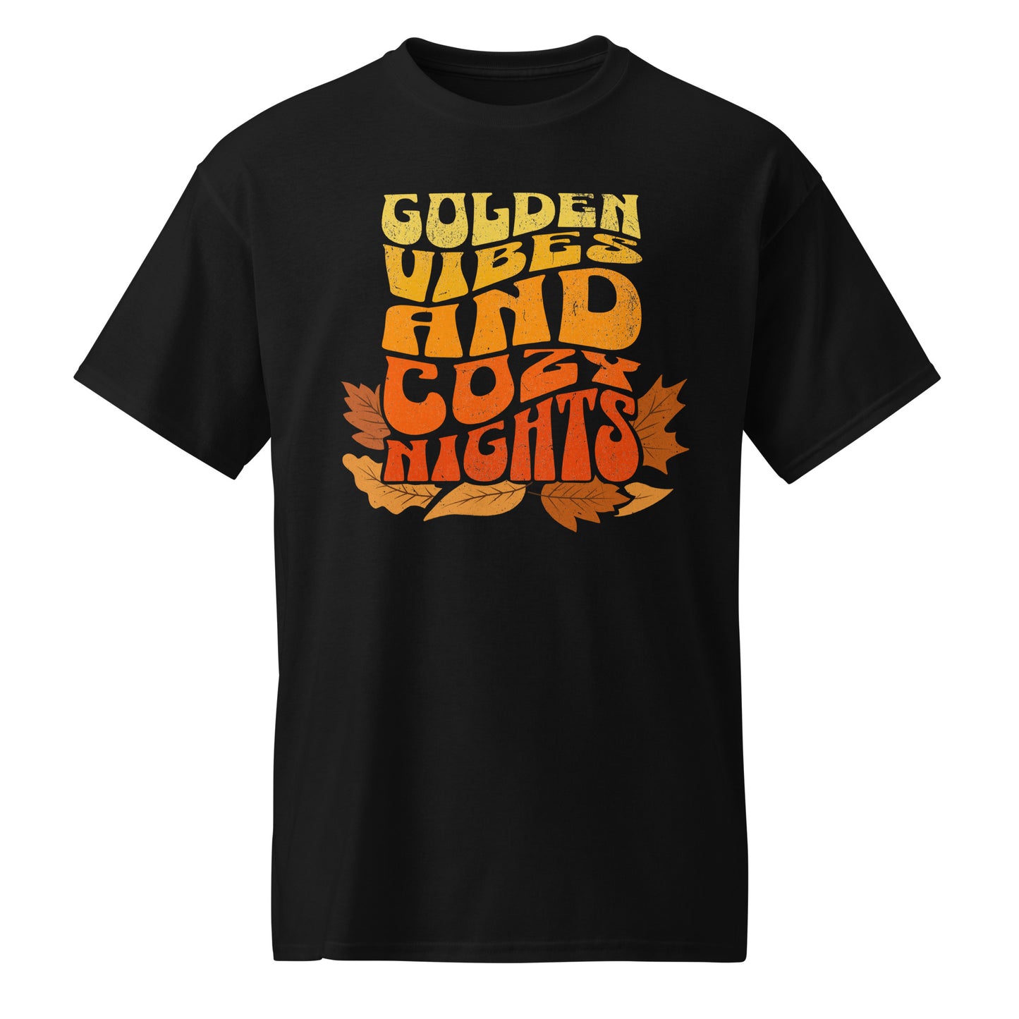 Black Comfy t-shirt with “Golden Vibes and Cozy Nights” text in yellow-to-orange gradient and autumn leafs BimBangDesign