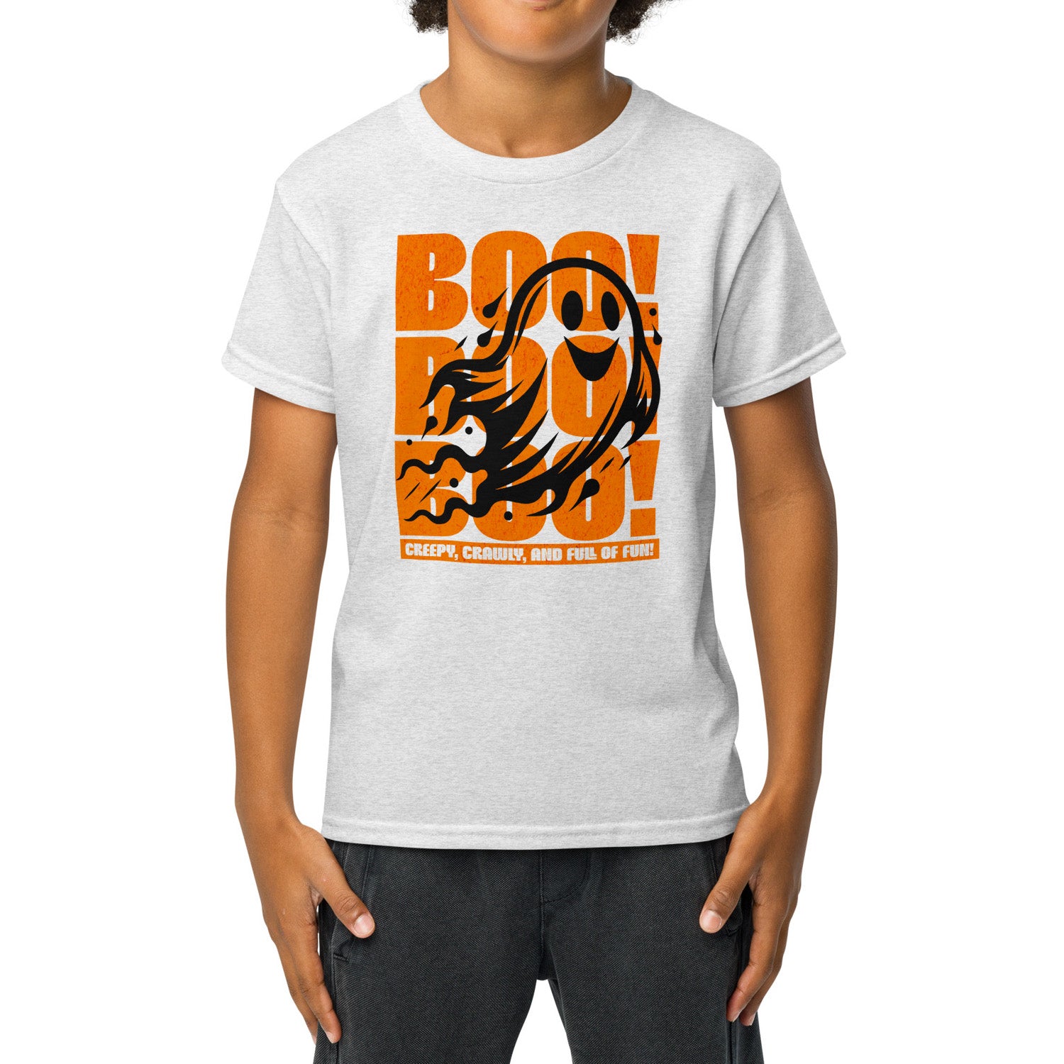 Kids “Boo Boo Boo” Halloween t-shirt featuring a cute vintage ghost illustration — fun, comfy tee for trick-or-treating and everyday wear. BimBangDesign