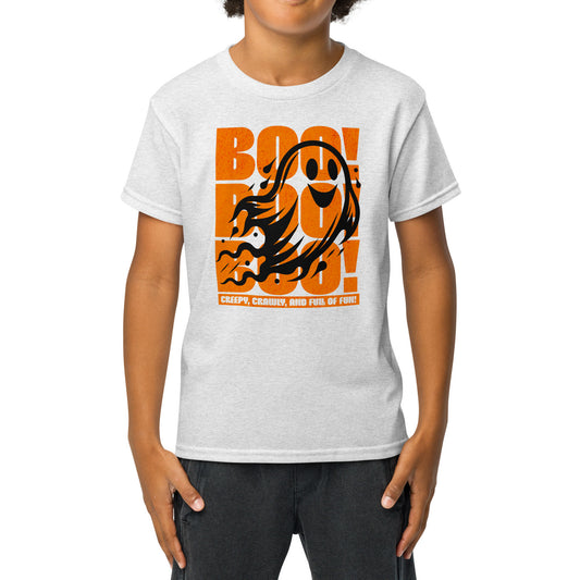 Kids “Boo Boo Boo” Halloween t-shirt featuring a cute vintage ghost illustration — fun, comfy tee for trick-or-treating and everyday wear. BimBangDesign