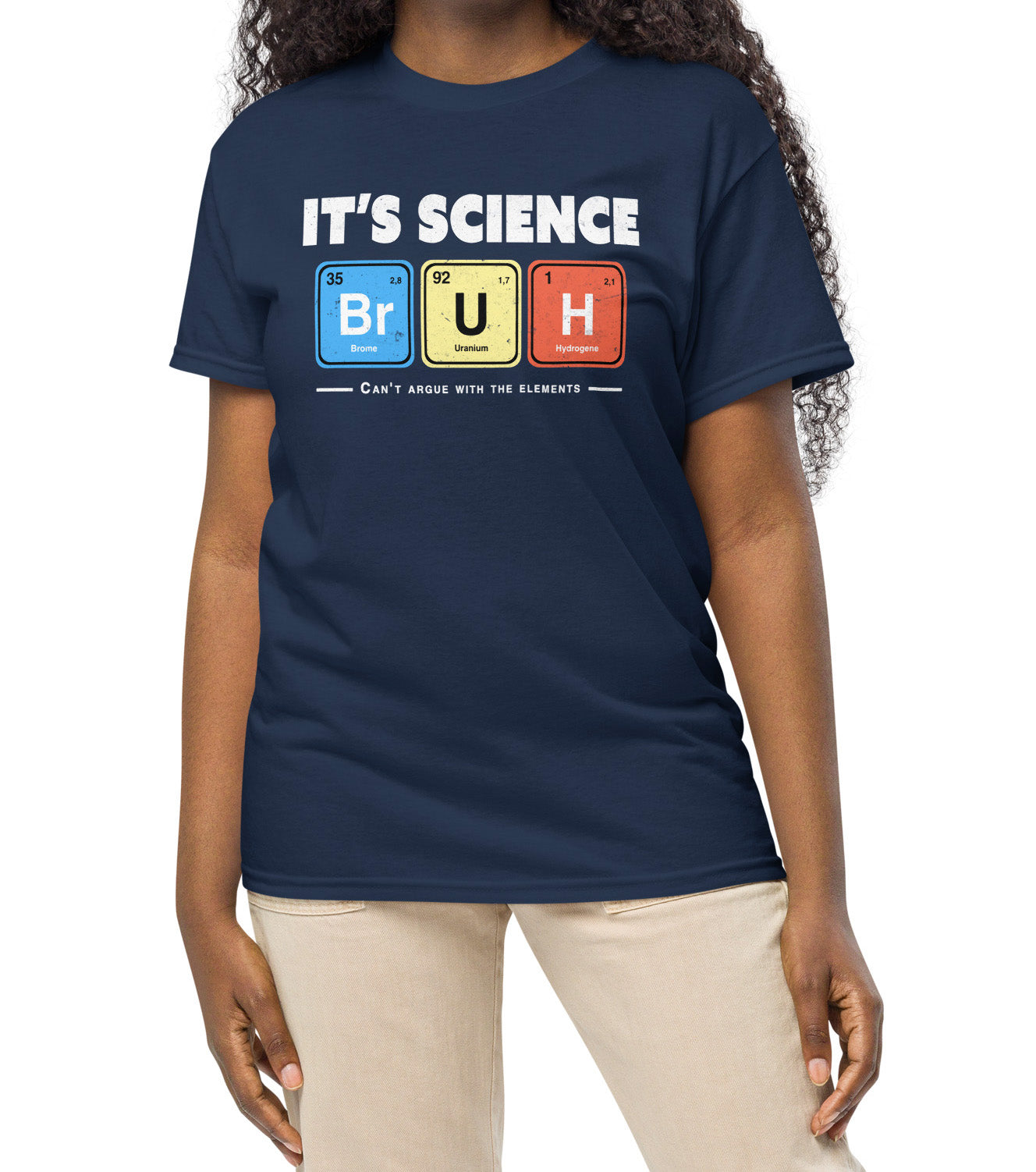 Geeky chemistry tee with bold white lettering and periodic table squares. BimBangDesign
