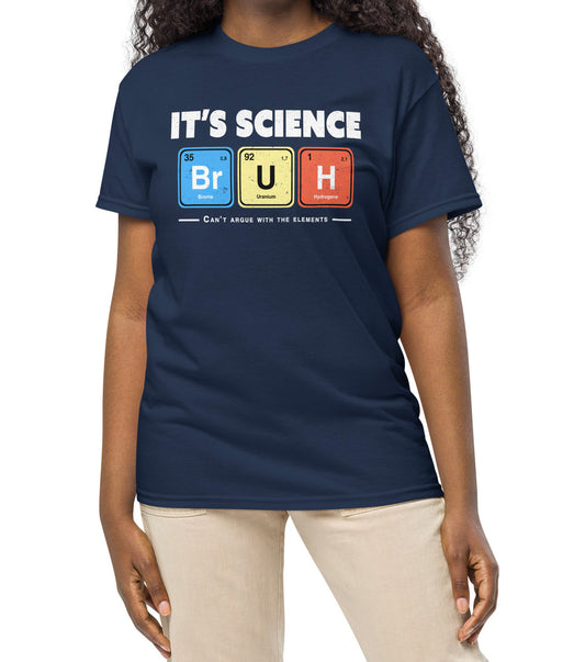 Geeky chemistry tee with bold white lettering and periodic table squares. BimBangDesign