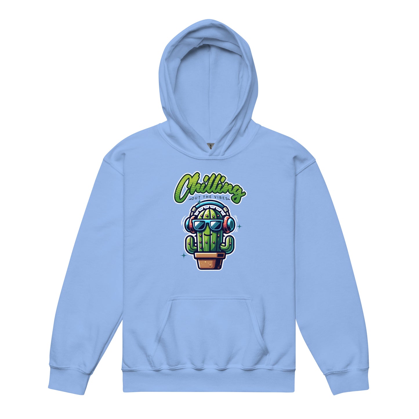 Carolina Blue Chilling Out the Vibes music-themed hoodie for kids with funny cartoon cactus design, BimBangDesign