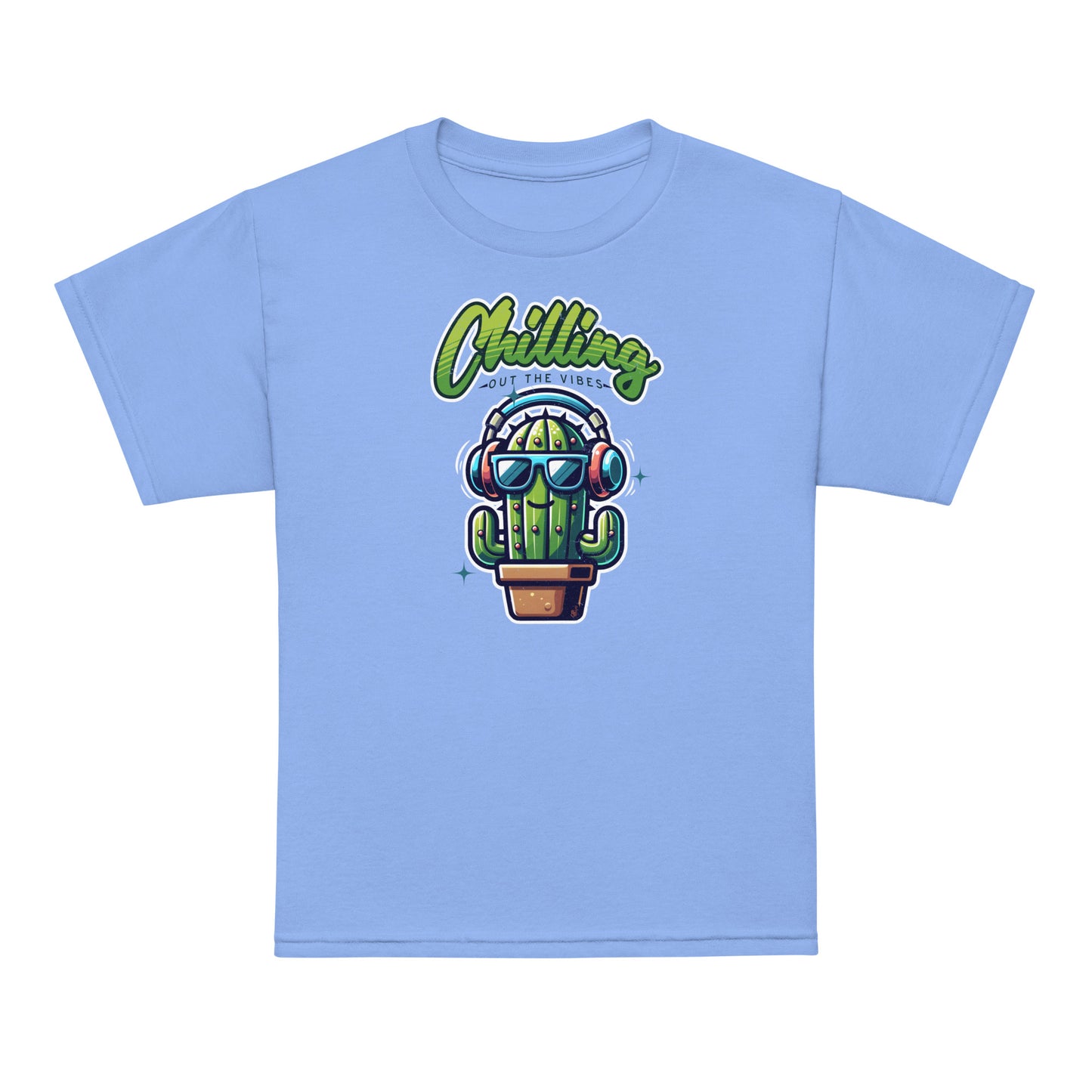 Carolina Blue Chilling Out the Vibes Fun music-themed kids tee with cartoon cactus design, BimBangDesign
