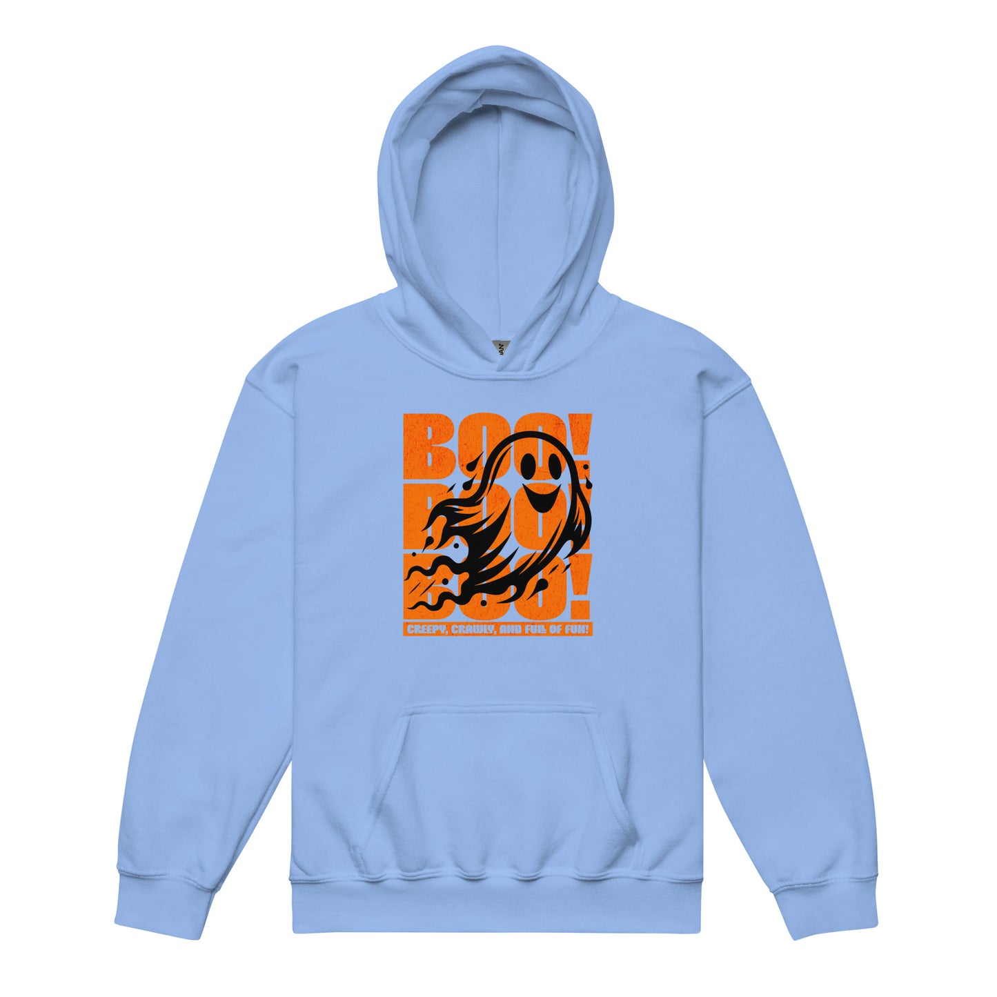Kids “Boo Boo Boo” Halloween hoodie – cute ghost design on Carolina Blue Gildan sweatshirt by BimBangDesign