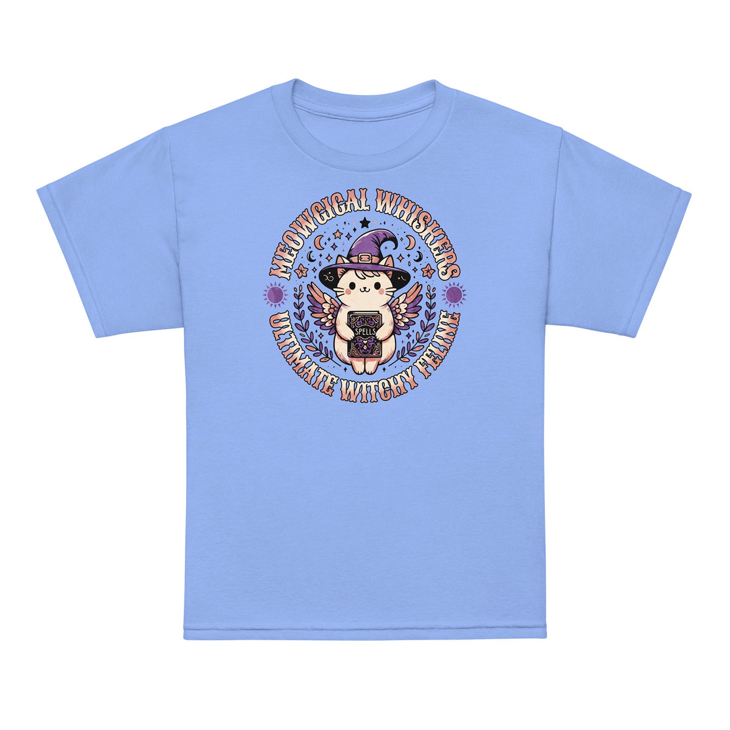 Carolina Blue Kids t-shirt Meow Magical Witchy Cat – cute witch cat design by BimBangDesign
