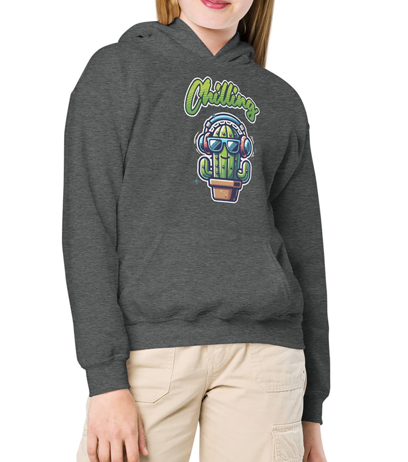 Chilling Out the Vibes music-themed hoodie for kids with funny cartoon cactus design, BimBangDesign