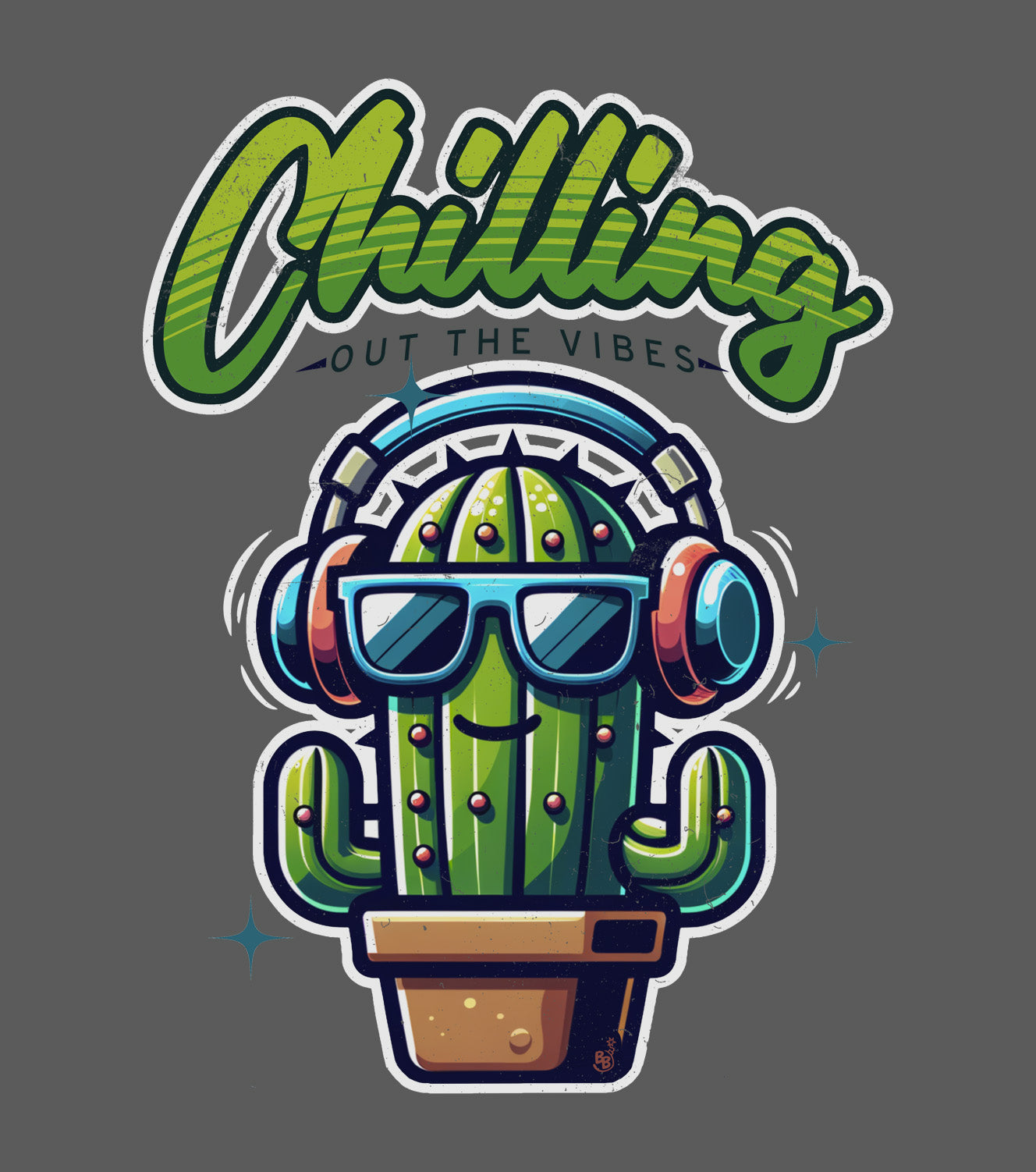 Chilling Out the Vibes music-themed hoodie for kids, Details of a funny cartoon cactus design, BimBangDesign