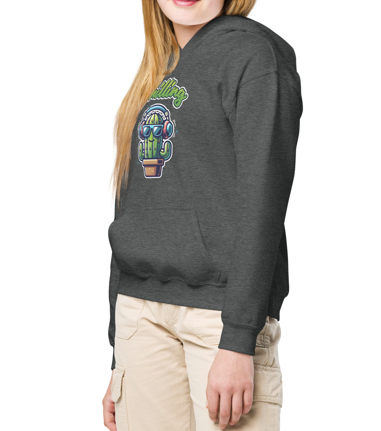 Chilling Out the Vibes music-themed hoodie for kids with funny cartoon cactus design, BimBangDesign