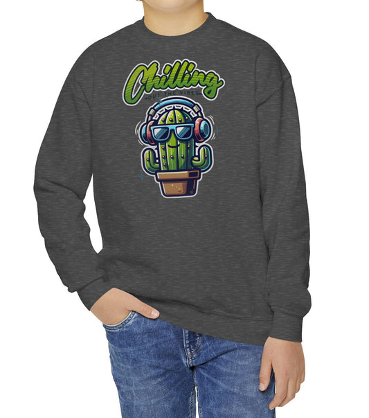 Dark Heather Chilling Out the Vibes music-themed sweatshirt for kids with funny cartoon cactus design, BimBangDesign