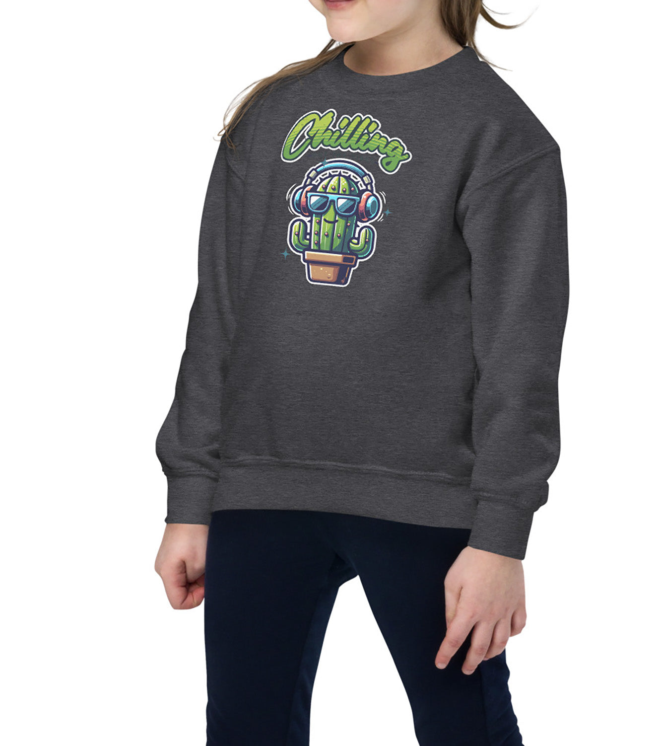 Dark Heather Chilling Out the Vibes music-themed sweatshirt for kids with funny cartoon cactus design, BimBangDesign