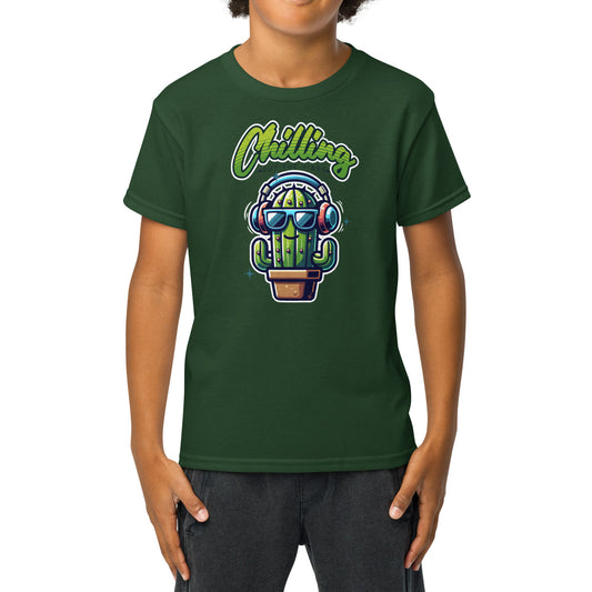 Chilling Out the Vibes Fun music-themed kids tee with cartoon cactus design, BimBangDesign