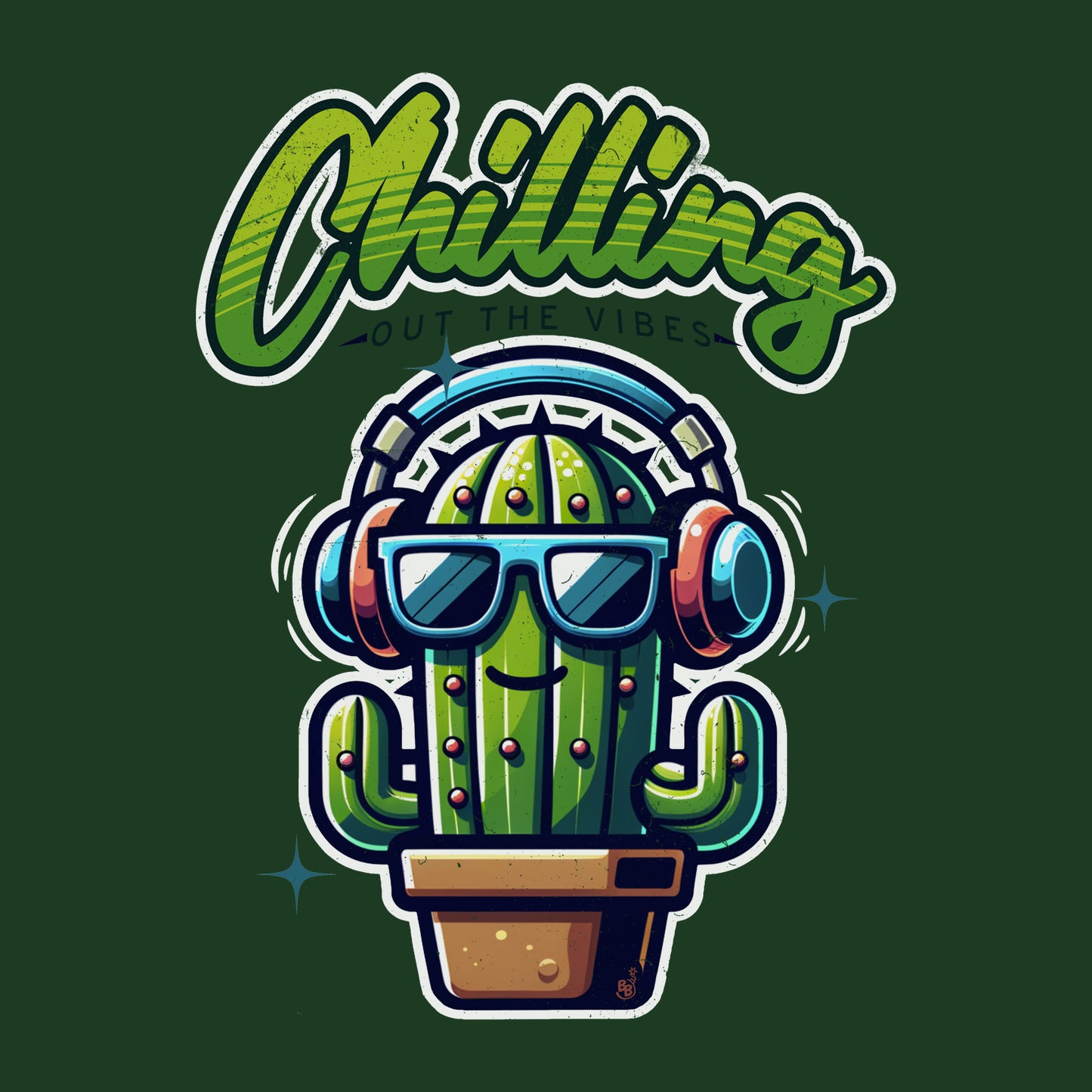 Chilling Out the Vibes music-themed kids tee details of a funny cartoon cactus design, BimBangDesign