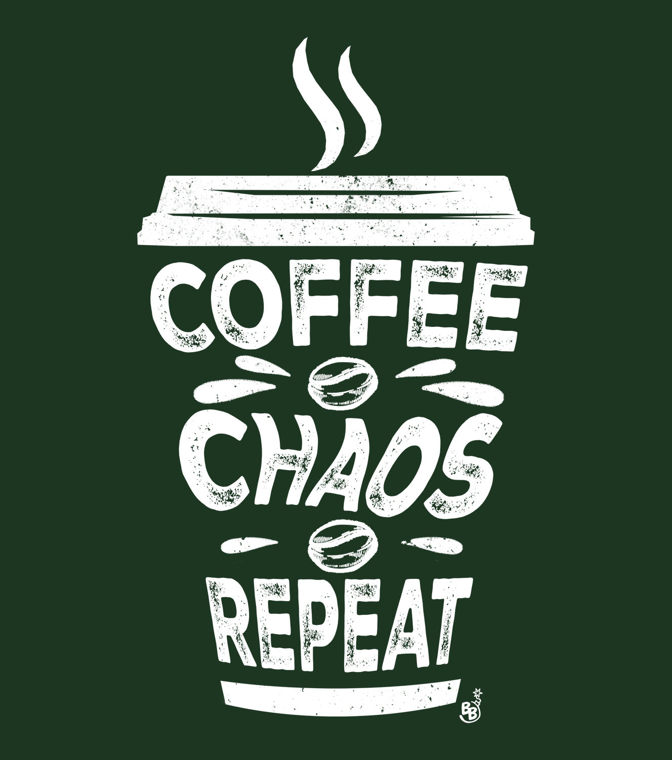 Coffee Chaos Repeat text print details t-shirt for all coffee lover on the go BimBangDesign