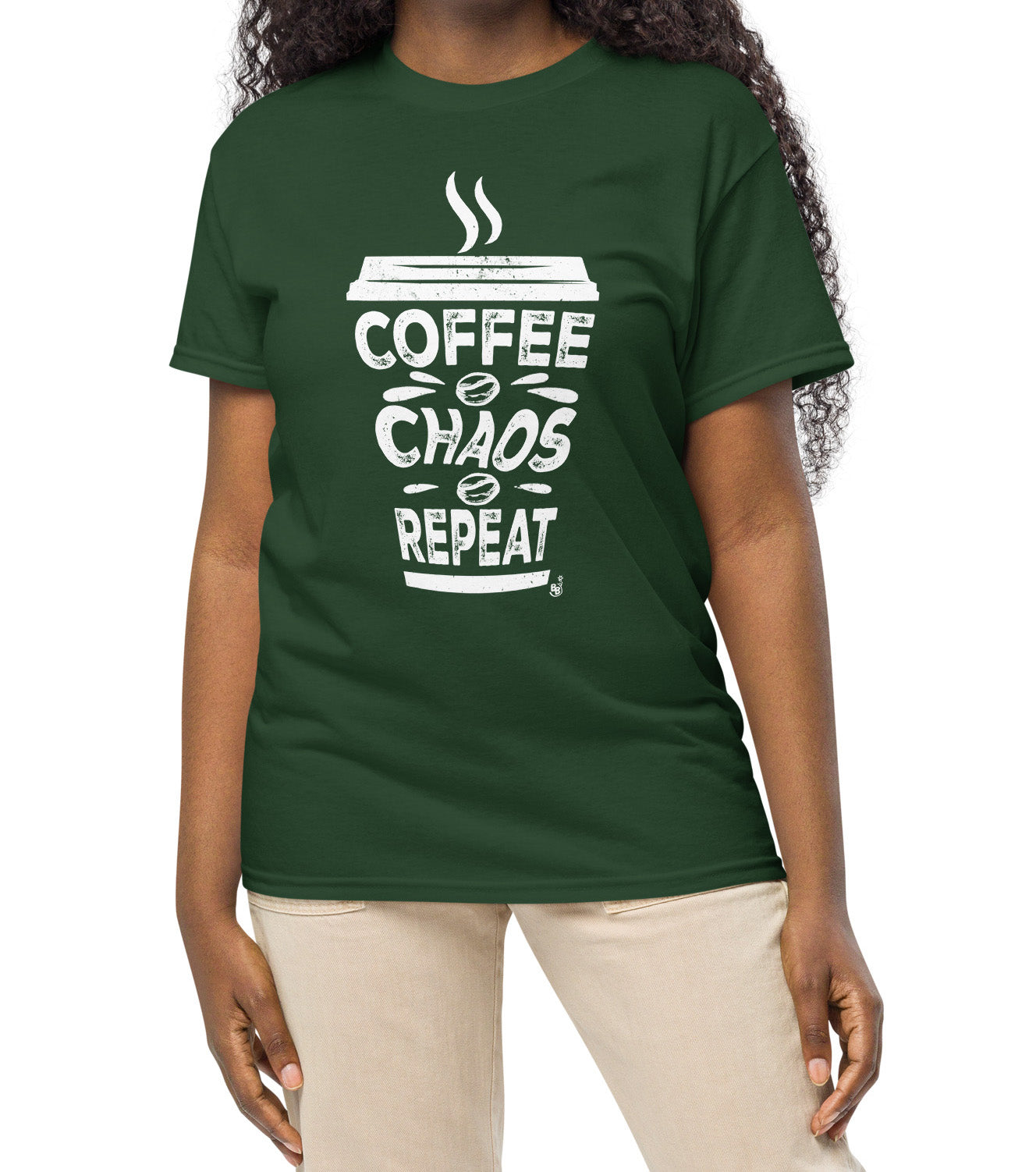 Coffee Chaos Repeat text t-shirt worn by a coffee lover on the go BimBangDesign