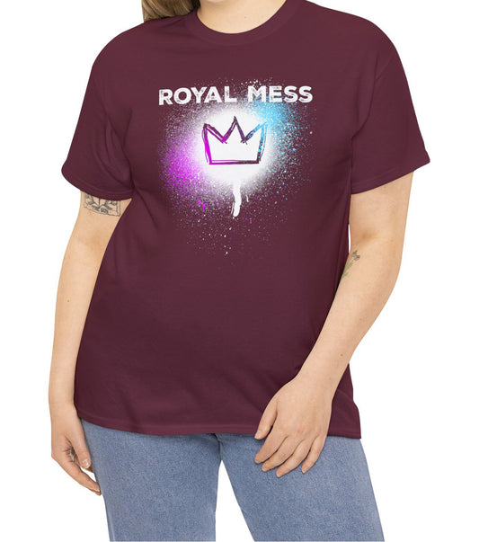 Maroon Royal Mess t-shirt  with bold text and crown on a paint spray spatter BimBangDesign