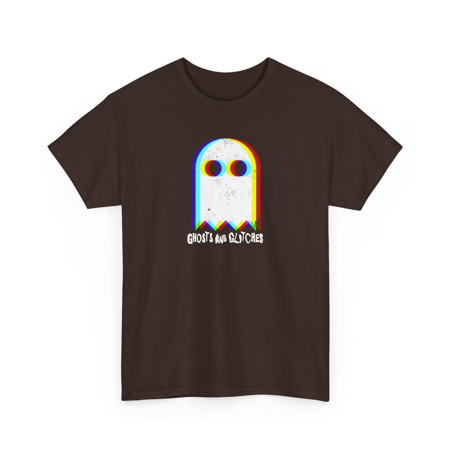 Dark Chocolate Unisex “Ghosts and Glitches” t-shirt featuring pixel ghosts and retro video game design — Halloween gamer tee for fun, casual wear.