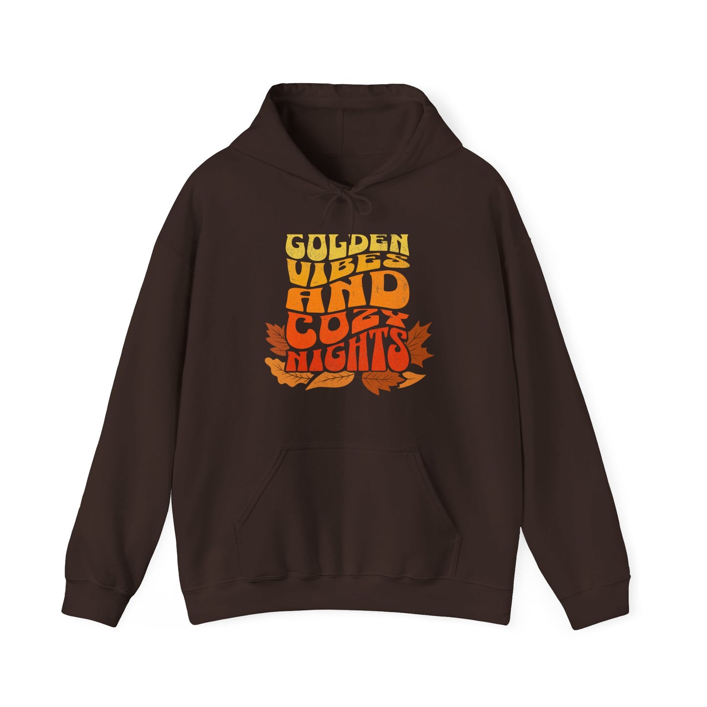 Comfy dark chocolate hoodie with “Golden Vibes and Cozy Nights” text in yellow-to-orange gradient and autumn leafs BimBangDesign