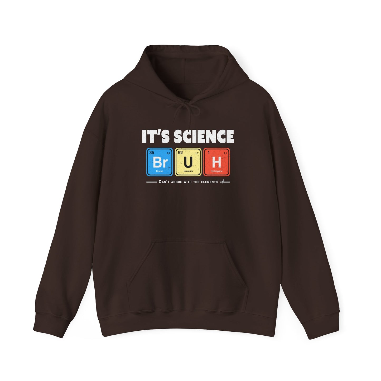 Dark Chocolate Geeky and funny chemistry hoodie with bold white lettering and periodic table squares. BimBangDesign