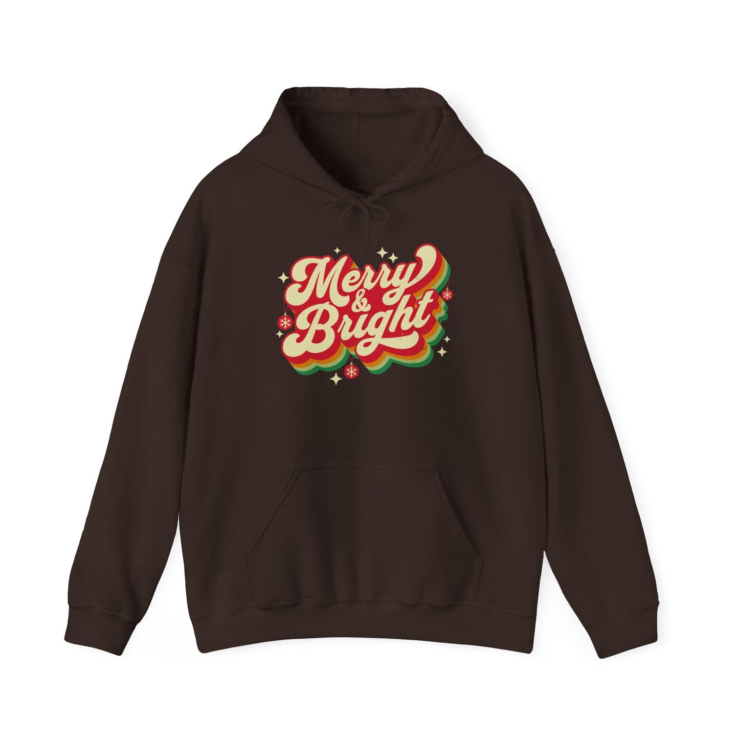 Dark Chocolate Cozy Unisex Christmas hoodie with warm fleece and festive “Merry & Bright” print BimBangDesign