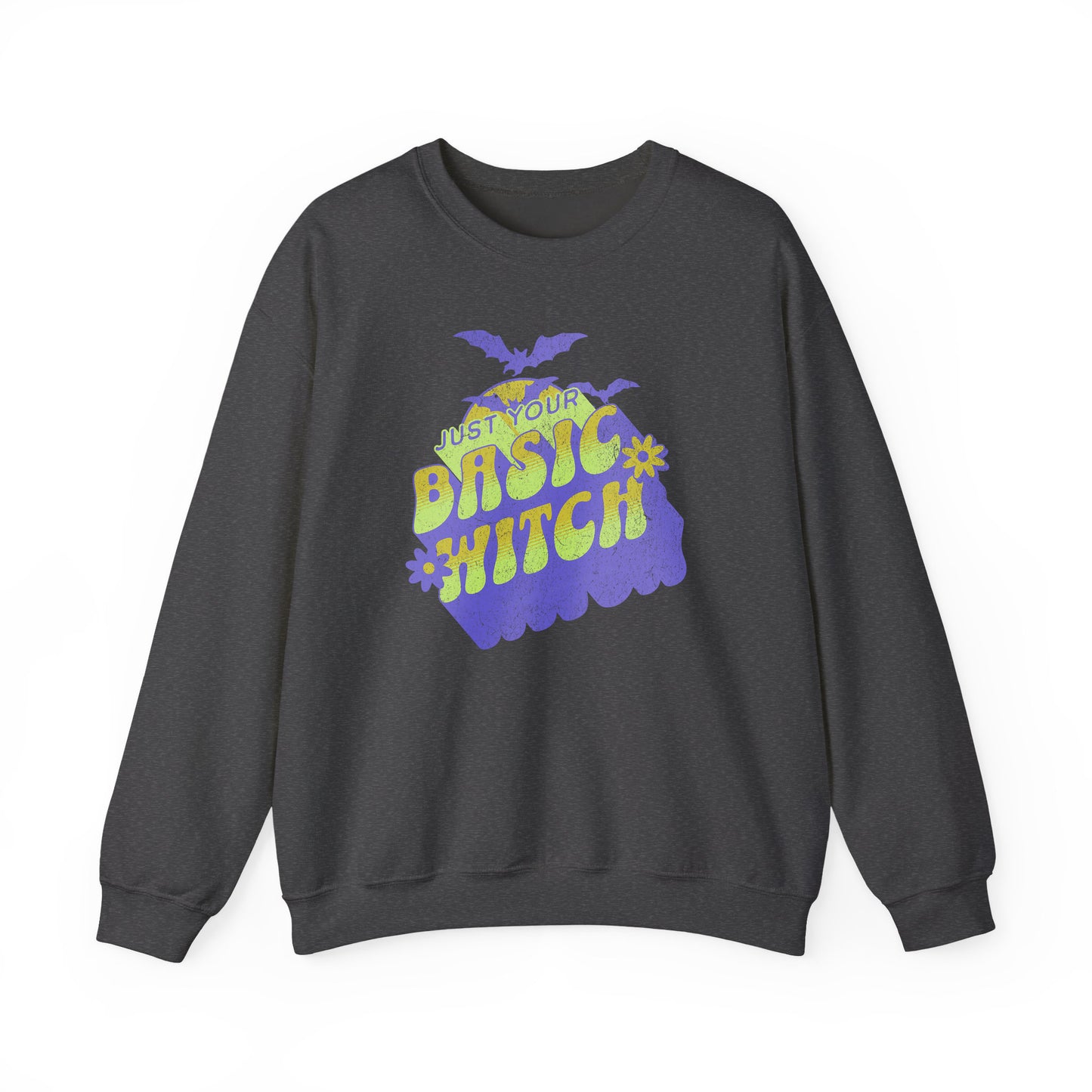 Dark Heather Unisex “Just Your Basic Witch” Halloween sweatshirt with witchy print — cozy fall fashion with playful attitude.