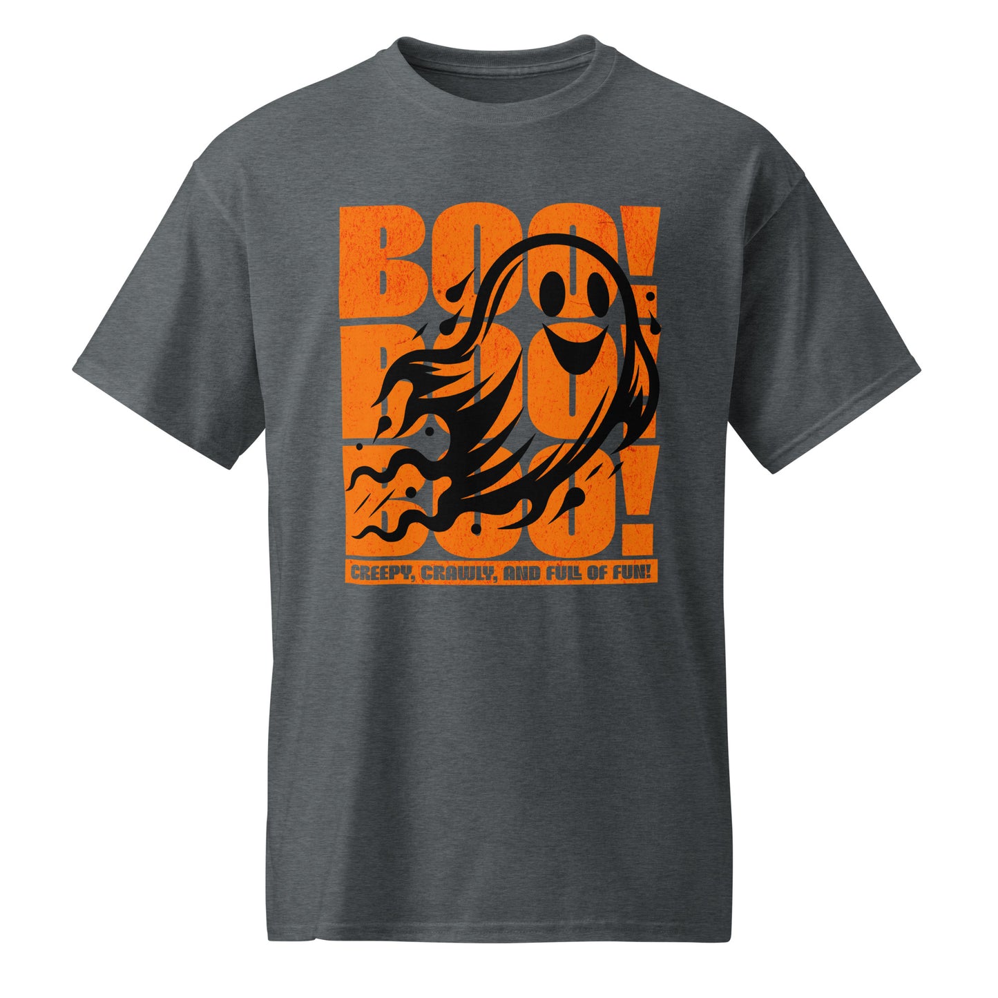 Dark Heather Playful ghost design with triple “Boo” text – fun Halloween unisex t-shirt by BimBangDesign.