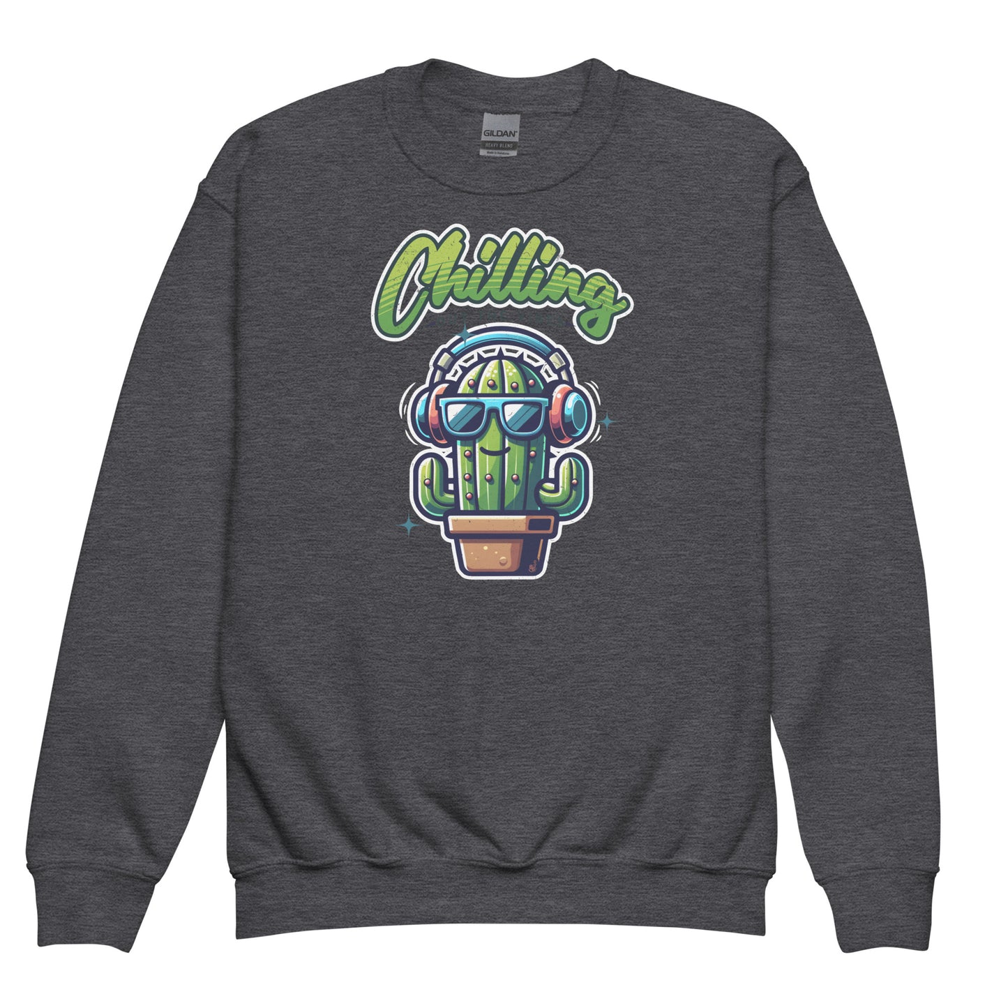 Dark Heather Chilling Out the Vibes music-themed sweatshirt for kids with funny cartoon cactus design, BimBangDesign