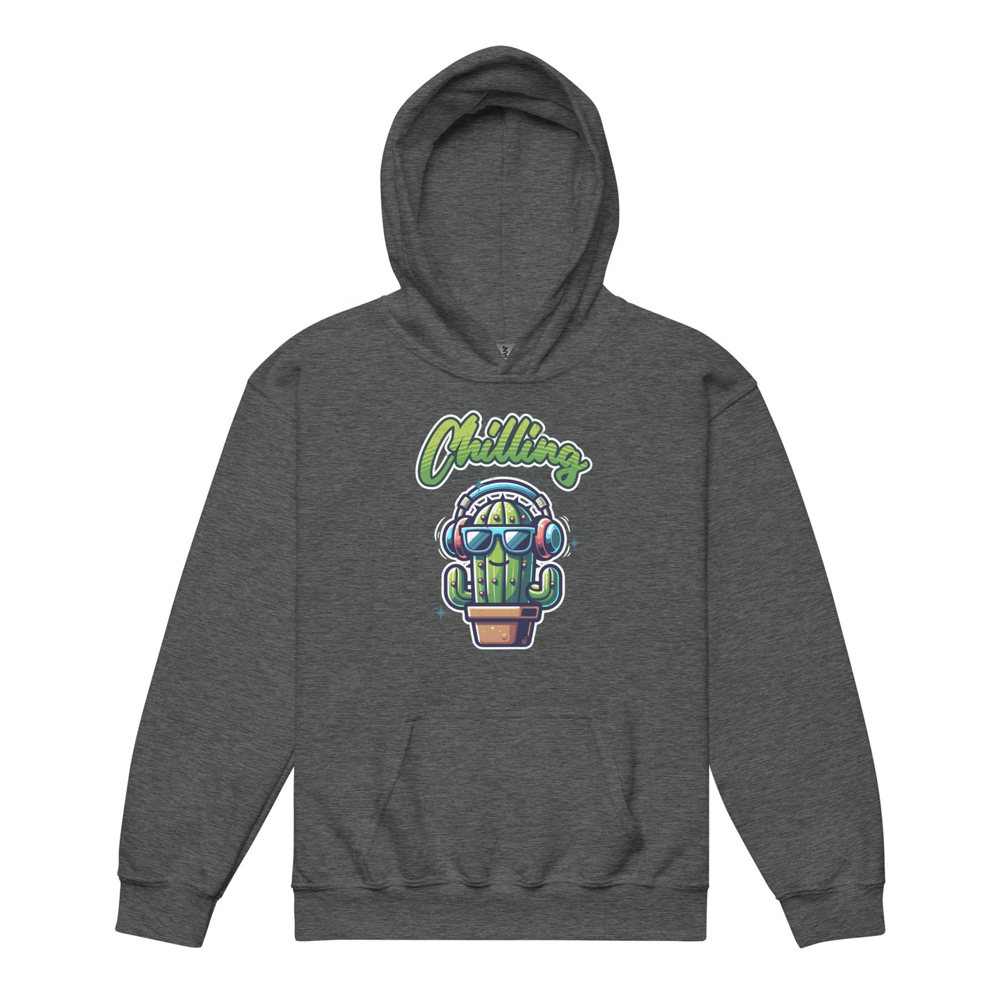 Dark Heather Chilling Out the Vibes music-themed hoodie for kids with funny cartoon cactus design, BimBangDesign