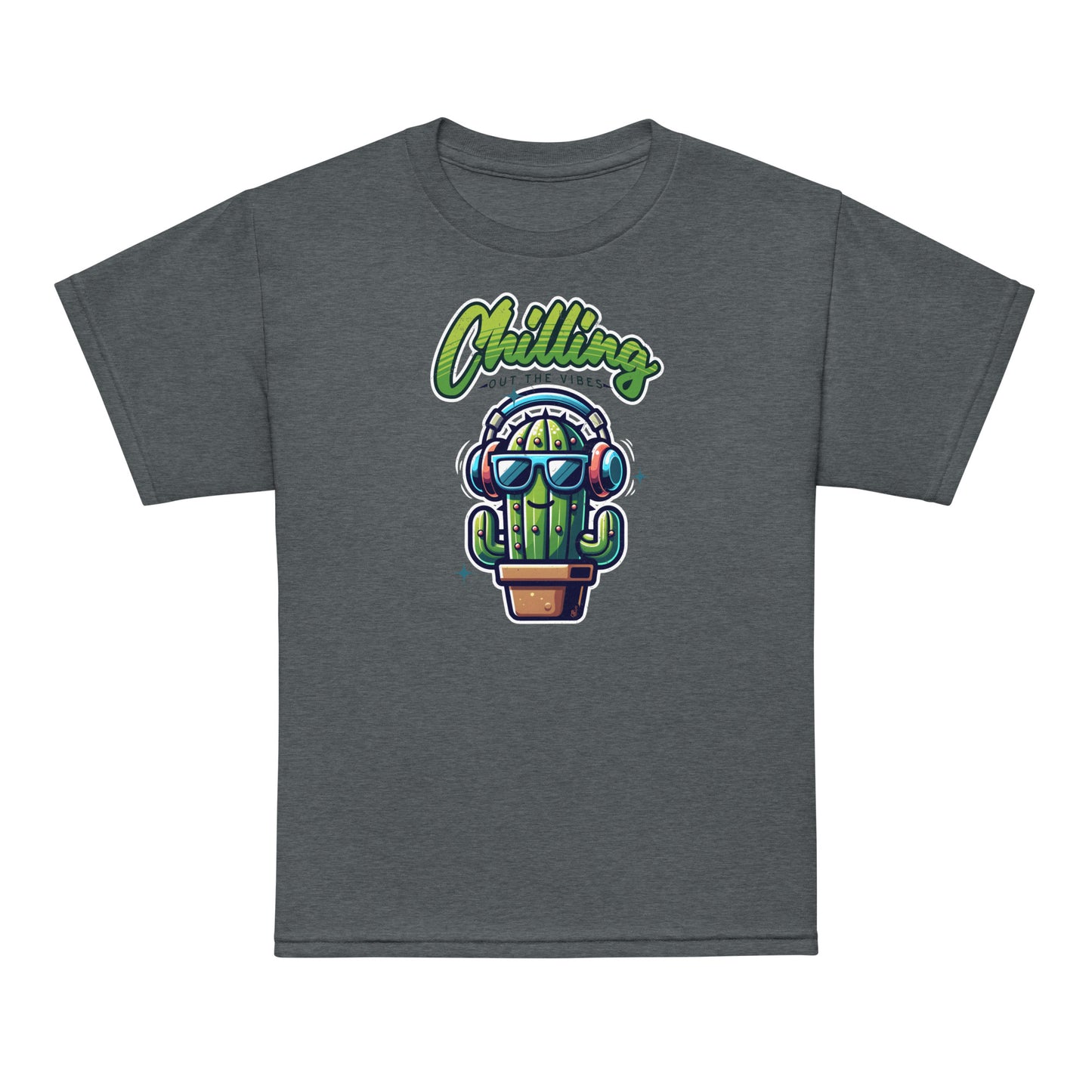 Dark Heather Chilling Out the Vibes Fun music-themed kids tee with cartoon cactus design, BimBangDesign