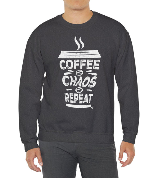 Coffee Chaos Repeat text Sweatshirt worn by a coffee lover on the go BimBangDesign 
