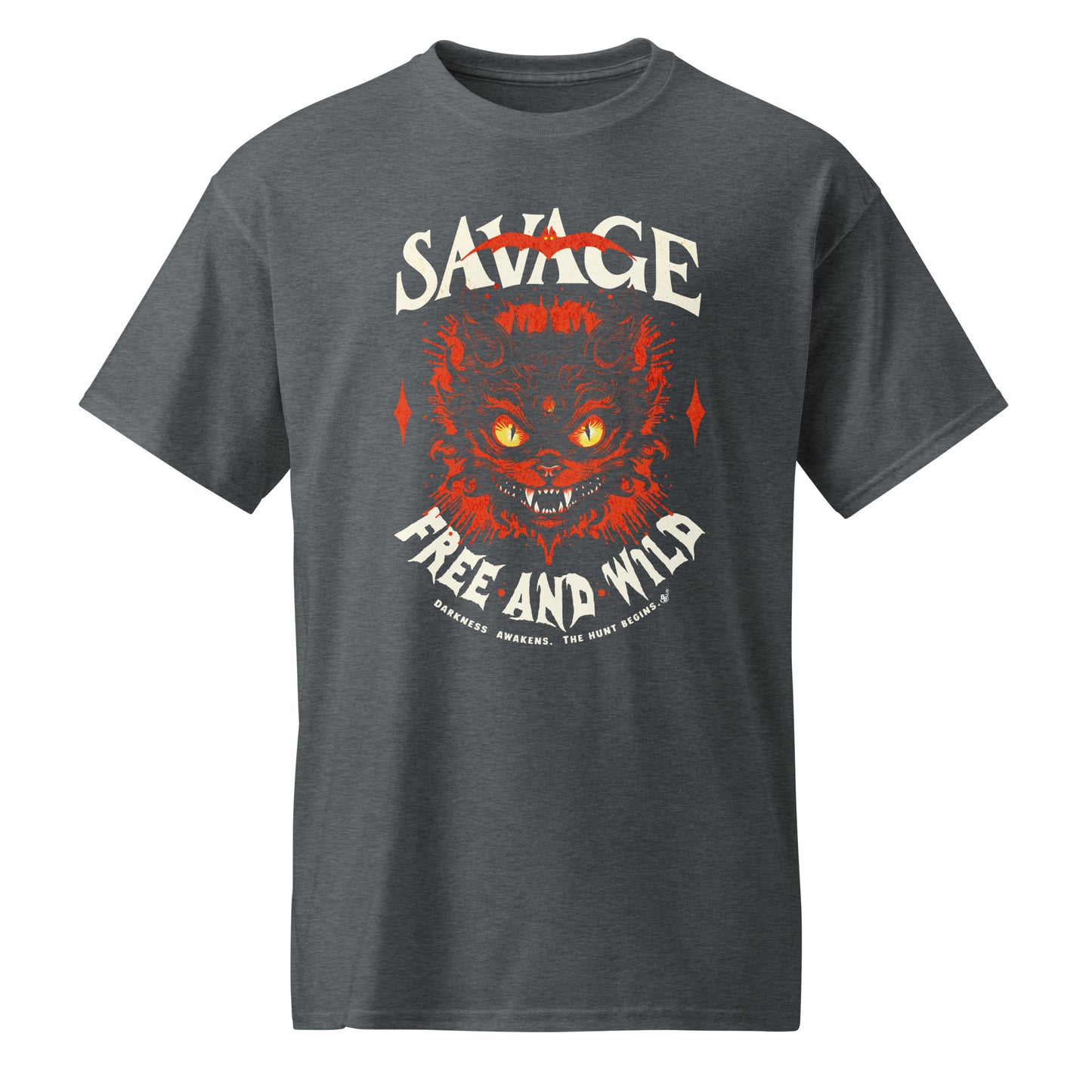 Dark Heather Unisex “Savage – Wild & Free” t-shirt by BimBangDesign — cozy fleece tee with bold wild spirit print, perfect for everyday wear.